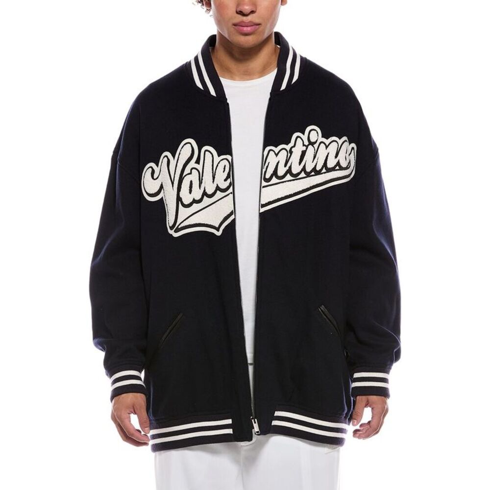 Valentino Mens  Patch Leather-Trim Wool Jacket, Blue